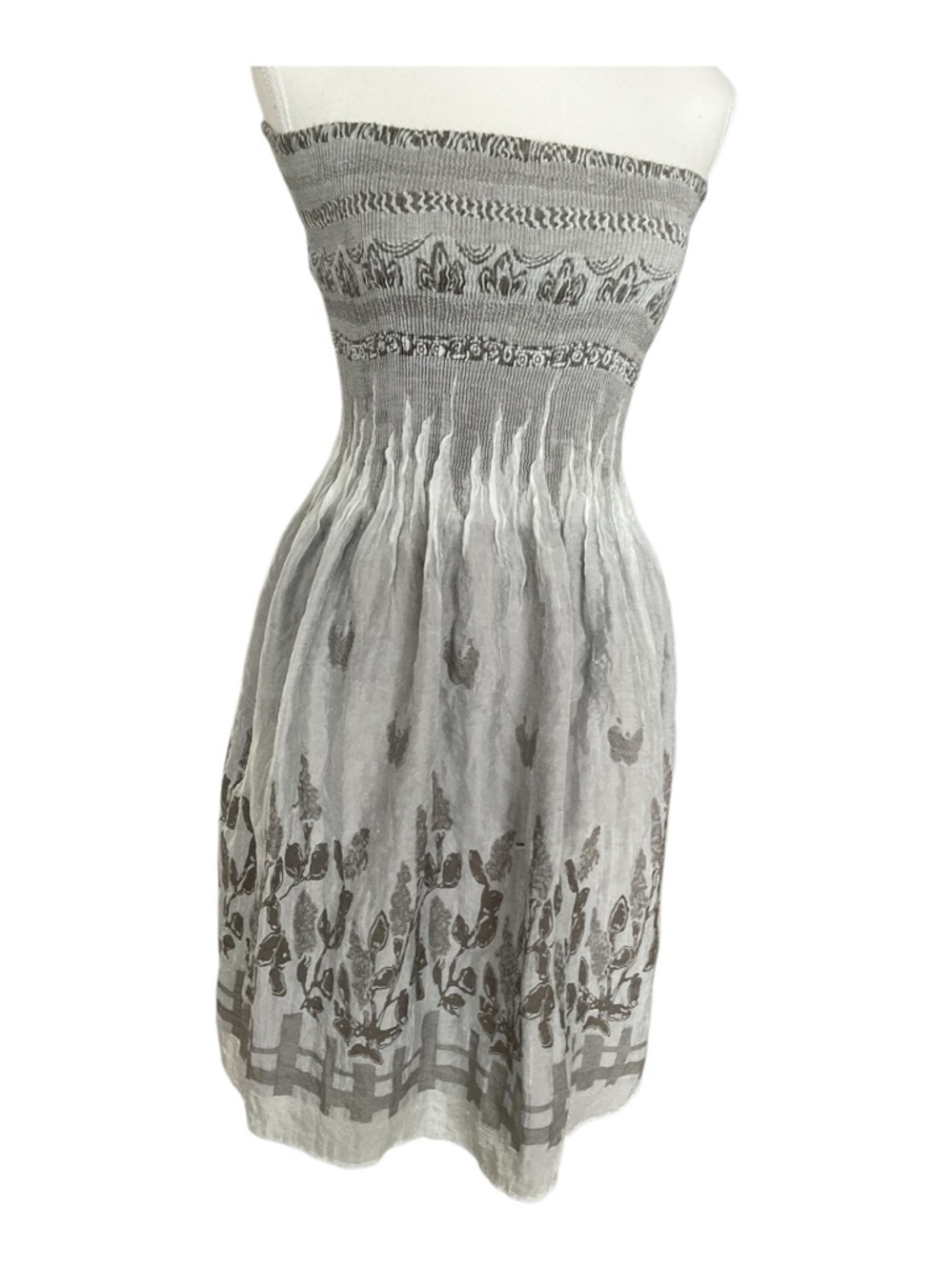 Strapless Smocked Tube Dress Grey Floral Boho Sundress OS - Picture 3 of 8
